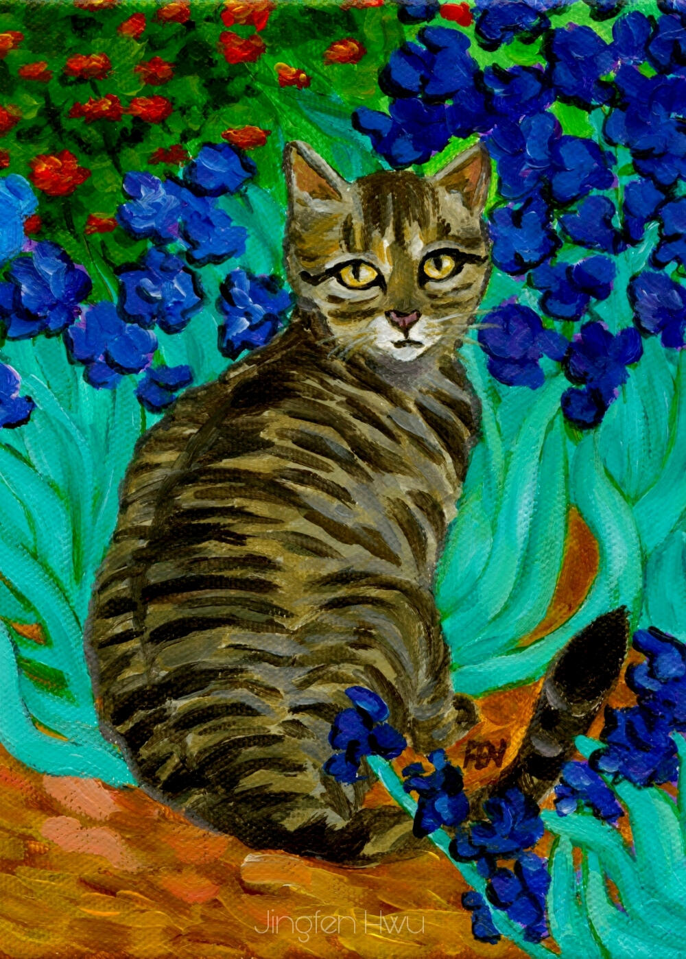 The Cat At Van Gogh's Irises Garden by Jingfen Hwu